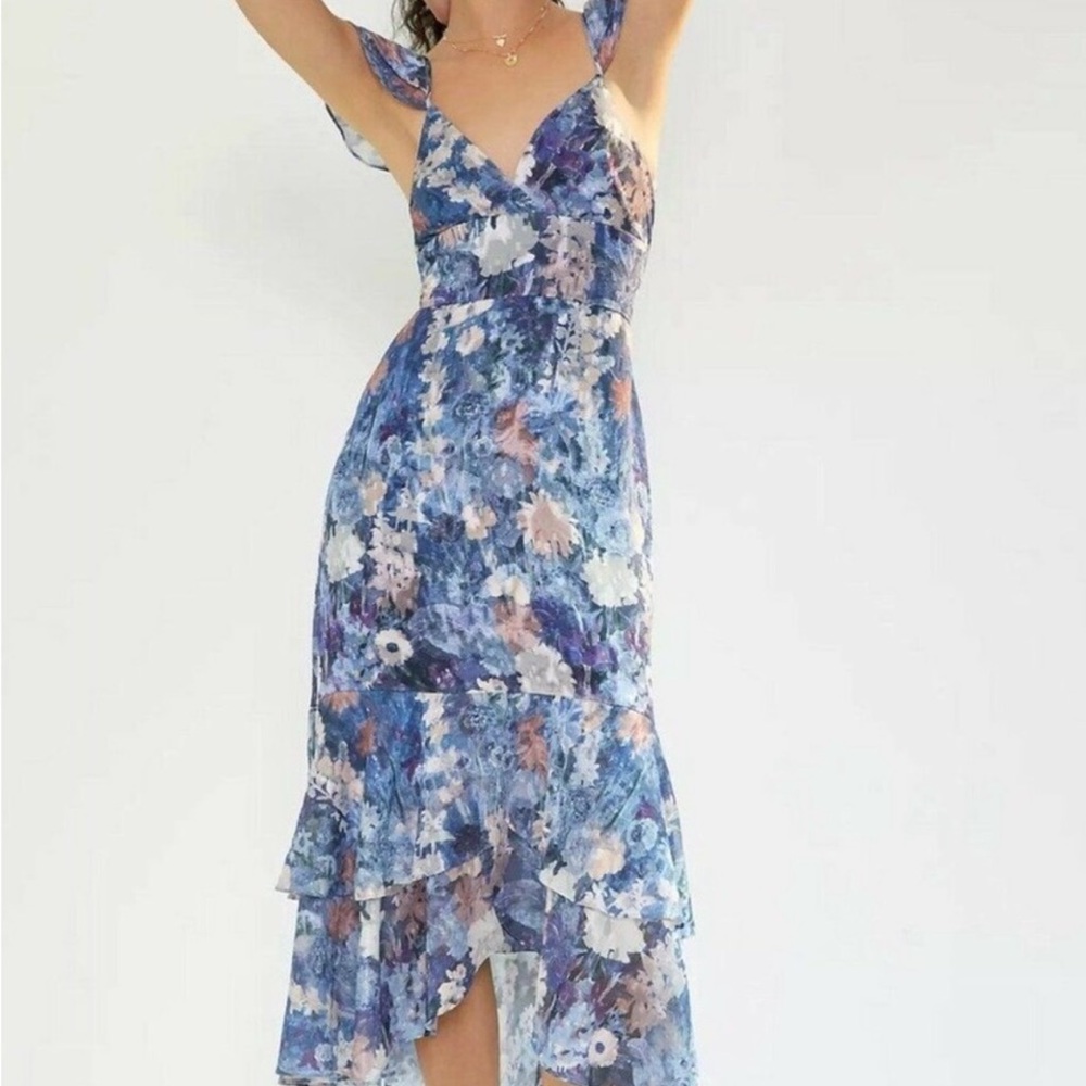 Anthropologie Hutch Tiered Blue Floral Midi Dress